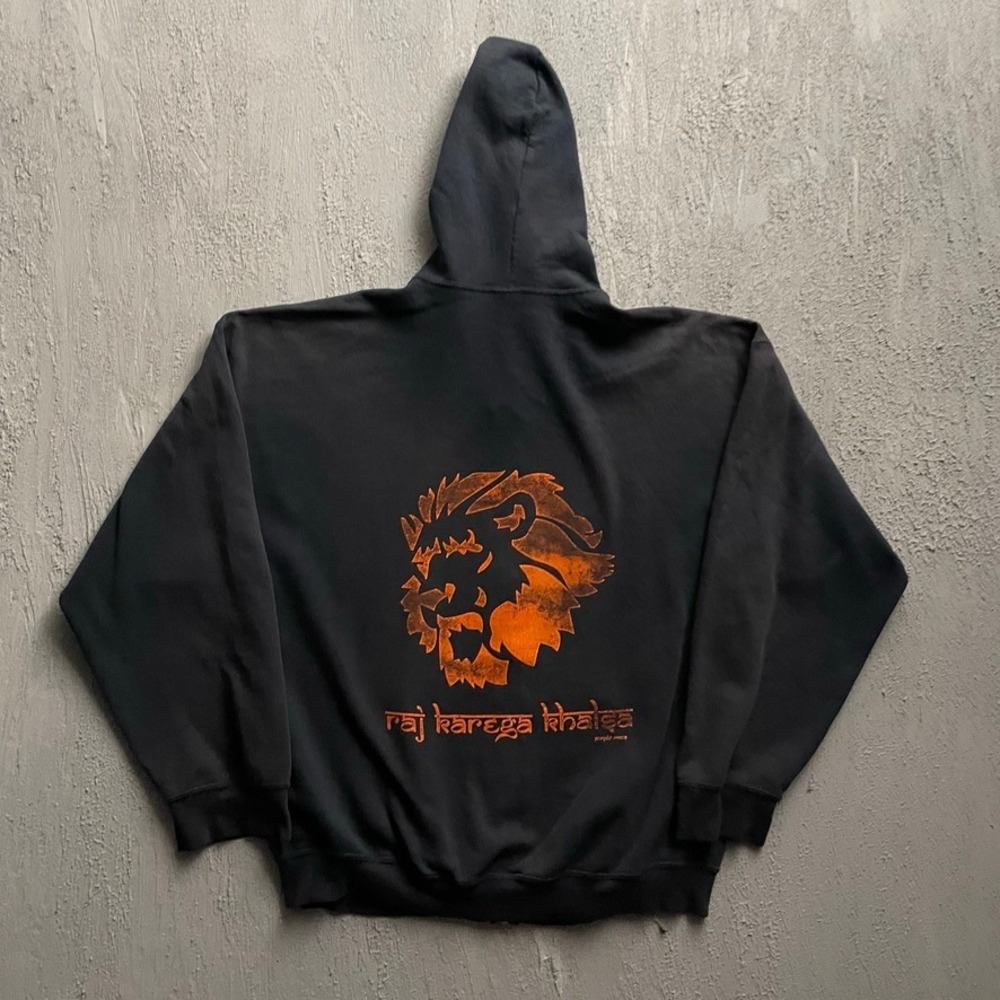 Vintage Raj Karega Khalsa Lion Graphic Zip Hoodie Mens XL Black 2000s